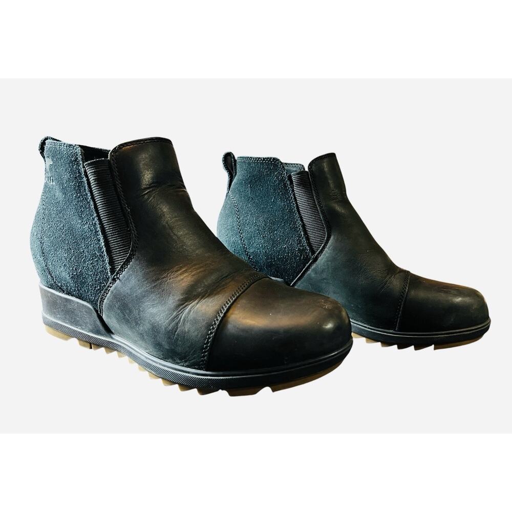 Women’s 8.5 SOREL Evie Bootie Leather Pull-On‎ Ankle Black Chelsea Boots ExCon